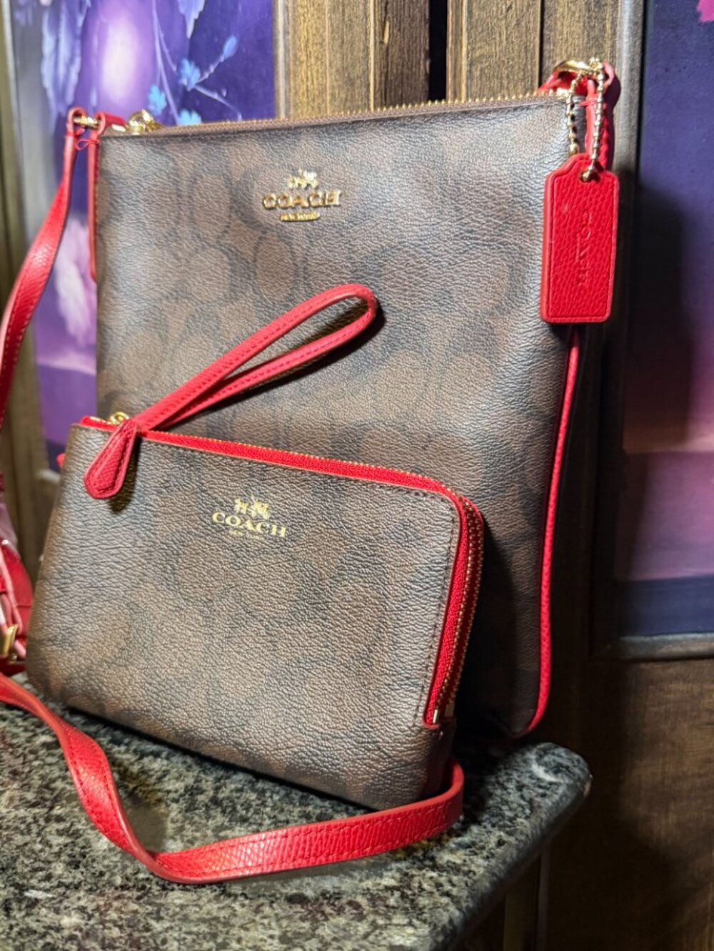 Coach Signature Brown Red Crossbody Bag & F66506 Wristlet Set NWT